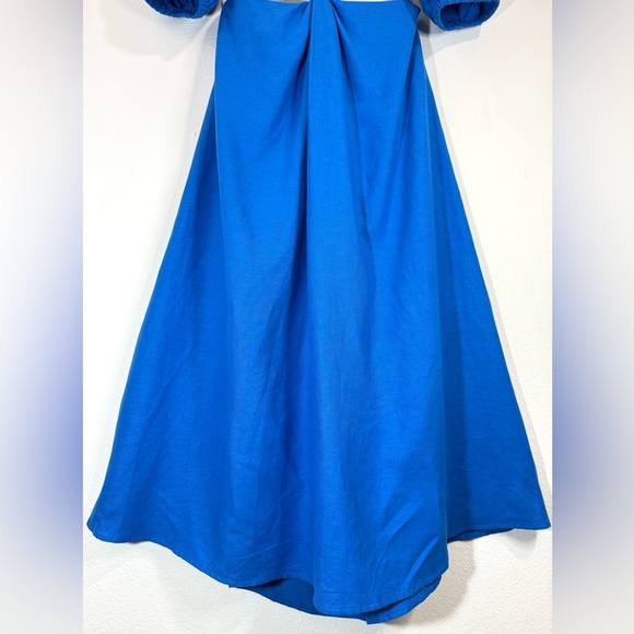 Farm Rio Linen Blend Midi Dress Blue Off-Shoulder Knot Cut-Out Women’s Small - Picture 10 of 16
